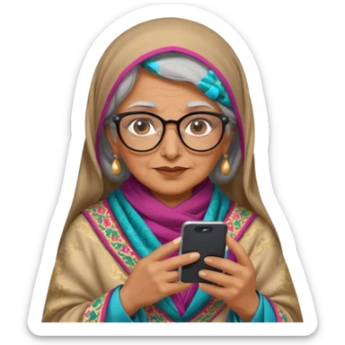 persian old woman Persian shawl with smartphone and glasses, half body sticker