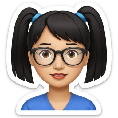 filipino woman black hair in pony tail with straight bangs and big glasses 50 yr old sticker