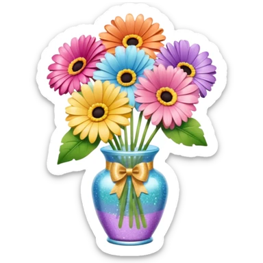 Various pastels Gerbera In a vase with glitter bow  sticker