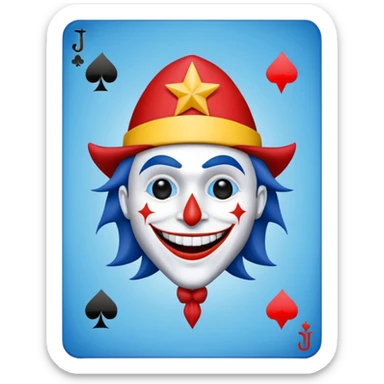 1 poker card, perfectly squared card, with crazy colorful human jolly joker inside, star symbol with a "J" sticker