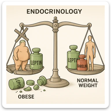 endocrinology diagram of a balance scale with leptin in green and ghrelin in red; obese side with excess leptin, scale blocked, broken leptin weights on the ground; normal weight side with perfect balance between leptin and ghrelin; medical style, detailed, 4K resolution sticker