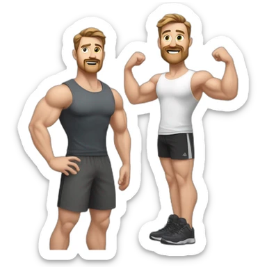 Full height realistic Actively gesturing with hands Pale skinned Fit Man With the biceps and brown hair in dark gray Sleeveless Mike, black oversize sports shorts, watch and white Sneakers sticker