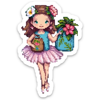 girl with a Hawaiian flower in her hair, wearing ballet heels, doing ballet with a bag sticker