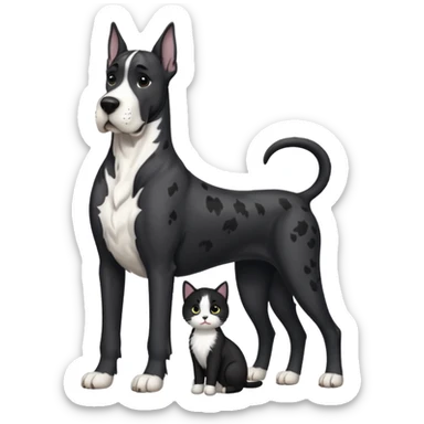 Large Black and white great dane dog sitting with a small black and white cat sticker