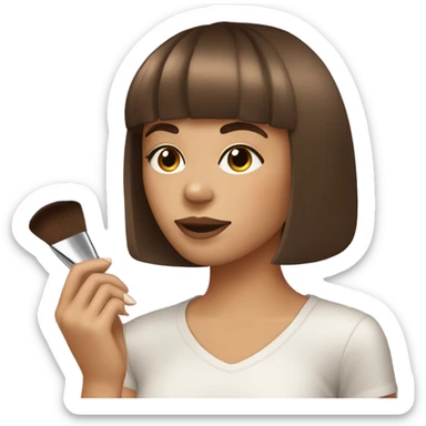 A girl with brown hair with bangs at the side of her face doing makeup sticker