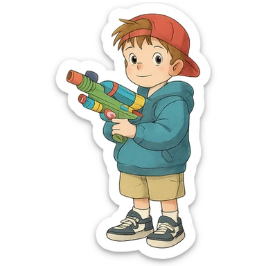 ghibli style little white kid in streetwear, holding a colorful toy gun, whimsical sticker