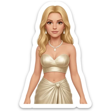 Honey Ryder from Othello with hazel eyes, long blonde hair, ivory metallic sweetheart crop top, ivory metallic wrap long skirt, ivory necklace and earrings sticker