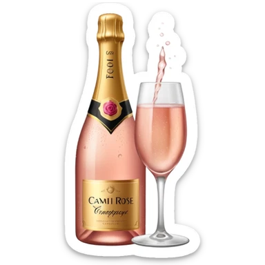 bottle of sparkling rose champagne tilted up and to the right sticker