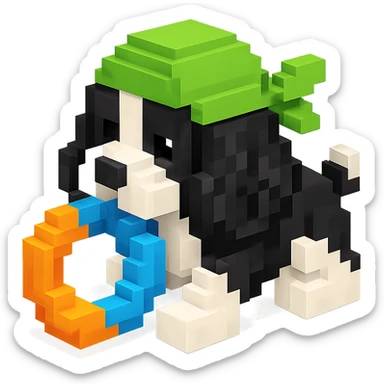 A black and white Russian Cocker Spaniel puppy wearing a green durag, voxel style, playing with a toy sticker