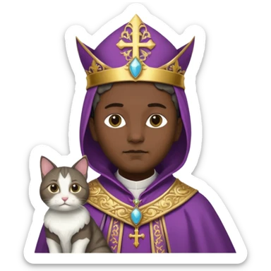 “Half-body humanoid figure with a realistic cat face, wearing ornate bishop robes and a mitre, dark gothic background, dramatic lighting, sticker