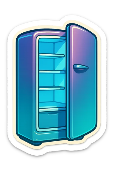 Open modern refrigerator with door slightly ajar, soft blue light glowing from inside, simple shelf shapes, no food details, rounded vector style, clean and minimal, sticker-like, slightly wider proportions. sticker