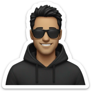White man smile in face with black tinted glasses and black hair in a black hoodie with black hair  sticker
