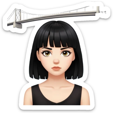 Menina branca com cabelo médio e preto, com uma franja um pouco acima da sobrancelha e um piercing bridge sticker