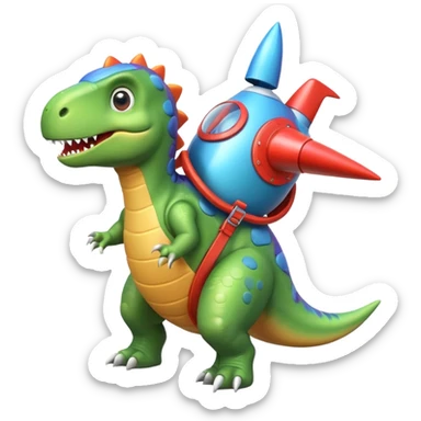 cute toy-like rocket-propelled dinosaur, rounded shapes, glossy texture, colorful rocket backpack, happy expression, 3D cartoon, mobile game icon style, clean background, no text, no watermark
 sticker