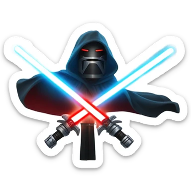 "A glowing lightsaber duel with one bright saber (blue or green) crossing with one dark saber (red or black), creating intense sparks and a dramatic glow in a dark, smoky background sticker