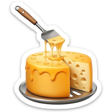 a half vertical  wheel of cheese being scraped with a metal spatula, melted cheese flowing, warm golden colors, modern emoji style, clean outlines, transparent background sticker
