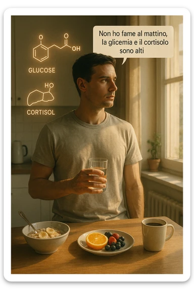 A realistic, cinematic illustration of a man in his early 30s with a lean, healthy build, standing calmly in a bright, minimal kitchen in the early morning. On the kitchen table, there is a prepared but untouched healthy breakfast (oatmeal, fruit, coffee). The man, with a neutral and focused expression, holds a glass of water while looking out of the window where morning sunlight enters. Above him, subtle glowing medical icons display: a glucose molecule, a cortisol hormone symbol, and a liver icon, indicating high morning blood sugar and cortisol levels. A small speech bubble or text overlay says: ‘Non ho fame al mattino, la glicemia e il cortisolo sono alti.’ The scene conveys a sense of calm, clarity, and body awareness, showing that the man consciously avoids breakfast due to physiological signals rather than restrizione. The style is realistic, warm, with a slight film grain, emphasizing health and conscious self-regulation. in italiano sticker