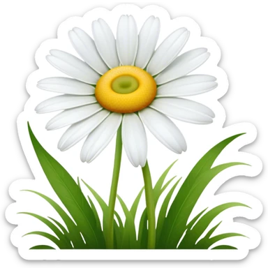 A delicate white daisy with a bright yellow center, standing gracefully in a green meadow. Its petals are fresh and slightly curved, gently swaying in the breeze under the warm sunlight, creating a serene and peaceful atmosphere sticker