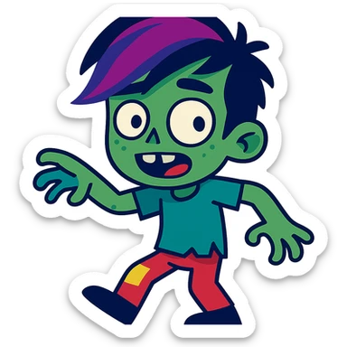 zombie boy with purple streaked emo hair, quirky, fun sticker