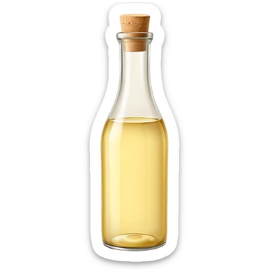 simple glass bottle with pale golden liquid inside, capped with a cork or screw cap, slender practical shape, soft label suggesting everyday use, clear light yellow hue visible through the glass, no glass, pour, or branding, closed bottle, soft lighting, subtle shadows, emoji scale sticker