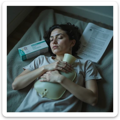 hyperrealistic 4K image of a woman lying on a bathroom mat, hugging a hot water bottle, medical reports with 'Crohn' and biologic drug box next to her, vacant look, very pale skin and signs of fatigue sticker