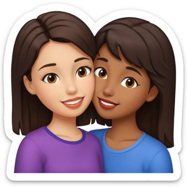 A girl kisses her friend The girls' hair color is dark brown. With wheatish skin  sticker