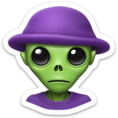 a small green alien with one eye. He wears a purple cap and a purple shirt with a skull on it. He has two small antennas protruding from his head. sticker