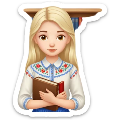 A Ukrainian girl in an embroidered shirt holds many books sticker