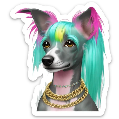 Punk Chinese crested dog neon rainbow cyan green pink hair gold chain punk piercings tattoos punk ear piercings sticker