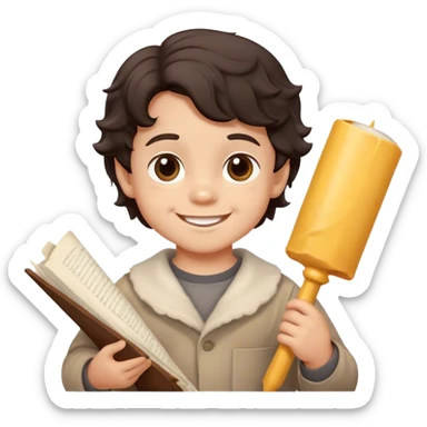 smiled Toddler boy with wavy dark hair and brown eyes with a parchement sticker