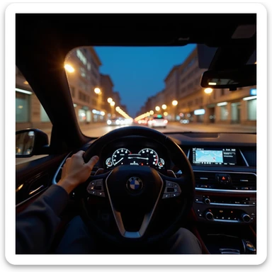 BMW Series 7 2024, realistic first-person view from behind the steering wheel, left hand on wheel, night driving in Bucharest, city lights, motion blur, photorealistic sticker