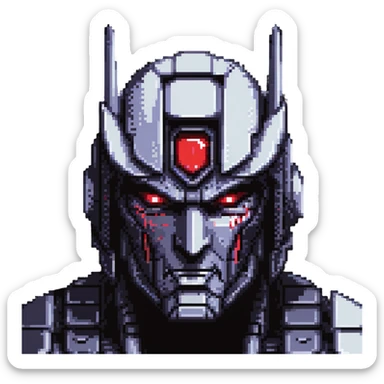Nemesis Prime close-up face, pixel art, sinister expression, glowing red optics, detailed pixel shading sticker
