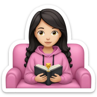 Una chica linda de cabello negro con ondas hasta los hombros de piel blanca con una sudadera rosa en un sofá cómodo y hermoso leyendo la biblia sticker