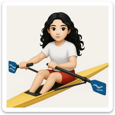 Altındaki tekneyi olimpik kürek sporu için uygun, uzun ve ince yarış teknesi olarak değiştir. Kız siyah uzun dalgalı saçlı, beyaz tenli, kırmızı şort ve beyaz kısa kollu tişörtle olimpik kürek sporu yapıyor sticker