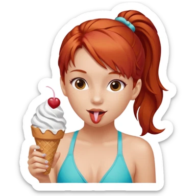 girl kid red haired swimsuit, eating ice cream, ponytail sticker