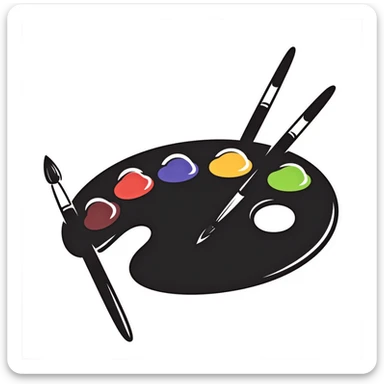 Detailed artist's palette with colorful paint blobs, palette holes, and paintbrushes nearby. Detailed and intricate doodle style. sticker