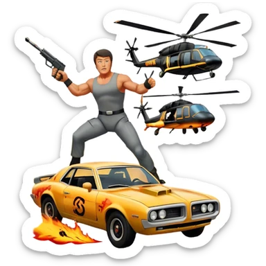 Icon for Action Movie: A vintage movie poster-style design featuring intense action scenes with explosions, weapons, and dramatic poses of Stallone. Include cars and helicopters flying out of flames in the background. Bold typography and retro cinematic style. Transparent background. sticker