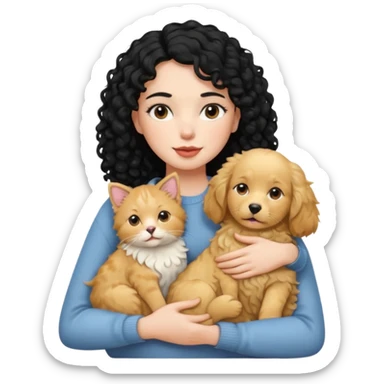 Moça branca com cabelo cacheado preto. Com um gato e um cachorro no colo sticker