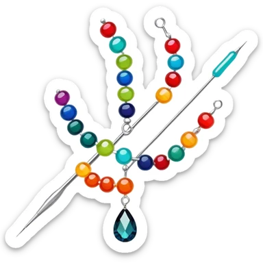 Create a harmonious and well-composed icon that represents the hobby of beadwork. The design should feature colorful beads, thread, and a beading needle or tool in a balanced arrangement. The elements should flow naturally, reflecting the creativity and precision of the craft. Ensure the composition is clean and aesthetically pleasing, with vibrant yet balanced colors. The background should be transparent. sticker