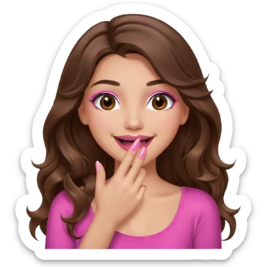 girl with long wavy brown hair, brown eyes, long lashes makeup, pink lips, light to medium complexion, pink sexy top, smiling, hand covering the mouth, giggling sticker