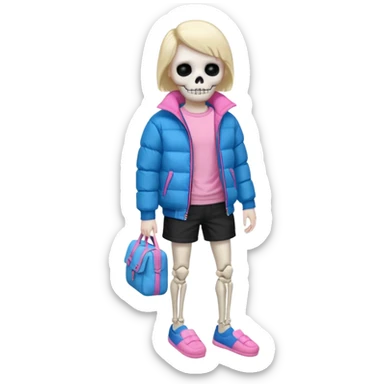 A skeleton with a white shirt blue puffer black shorts and pink slippers sticker