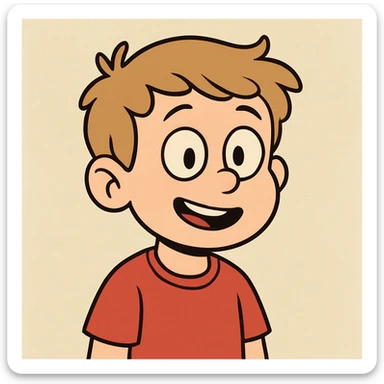 little boy with brownish blonde hair, wearing a red shirt, friendly expression, simple background, cartoon style sticker
