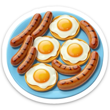 sausage and eggs object icon, fried eggs with sunny yolks, grilled sausages, warm breakfast vibe, delicious food presentation, 3D cartoon style, mobile game icon style, centered, clean background, no text, no watermark
 sticker