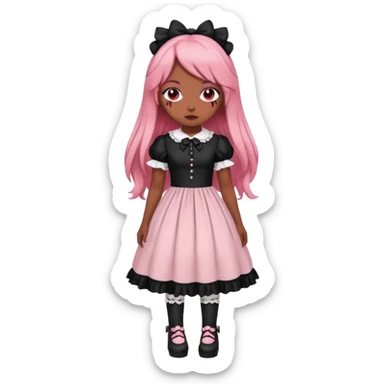 Vestido rosa pastel y negro gothic lolita, cuerpo completo, color de piel morena, pelo largo, pelo de color rojo y negro sticker