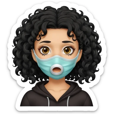 a pretty tan bratz girl with black curly hair. no makeup, looking sick, wearing a mask, coughing. sunken face sticker