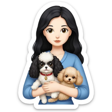 Lady with long black hair, holding 2 animals -a Ragdoll cat and a small poodle dog sticker