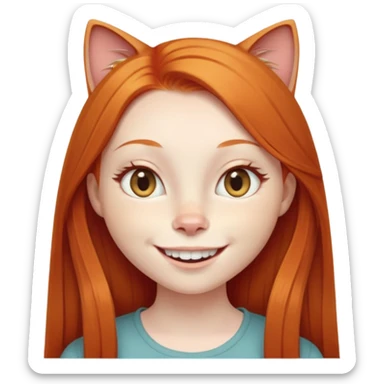 traditional emoji of young girl with very pale skin, long straight bright ginger red hair, cat-like almond-shaped eyes that are angled upward, wide flat nose, big smile with very large prominent teeth showing, classic round face sticker