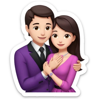 Brunette girl, with an engagement ring on her finger hugging a handsome man, (her boyfriend) both of them happy, she’s wearing a pink dress, he is wearing a black suit, he’s also a rich businessman, and there is the 💜 purple heart emoji on top. They look in love with each other.  sticker