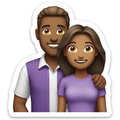 Brownskin girl with white man smiles in purple shirts sticker
