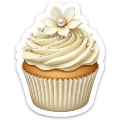 Realistic white and cream wedding cupcake with vanilla icing, sugar flowers, pearls  sticker